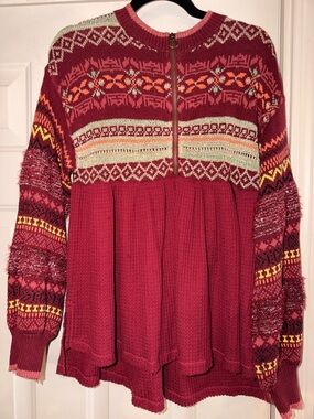 Free People Burgundy Multi-Pattern Half-Zip Knit Sweater